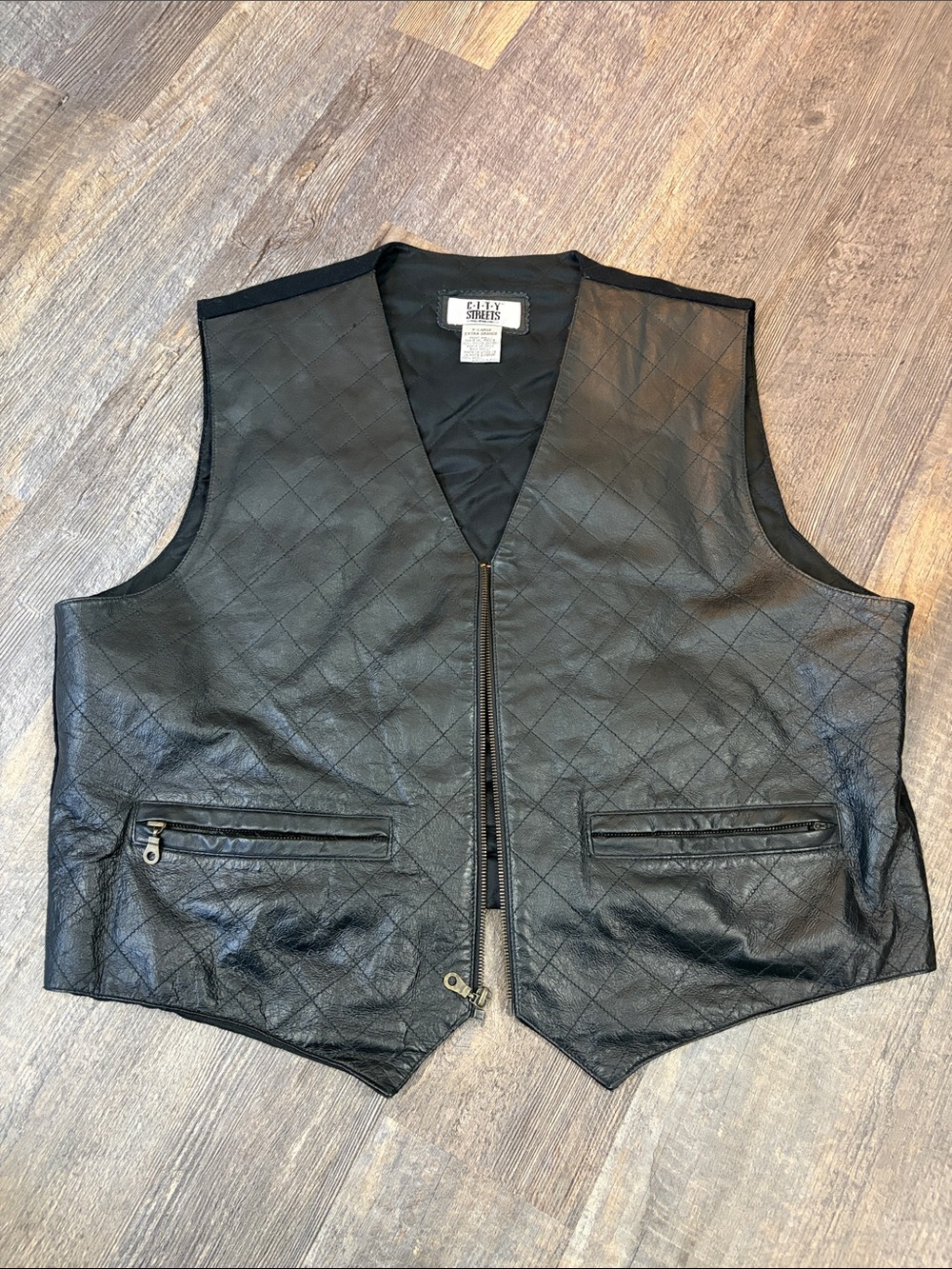 Vintage Black Quilted Leather Vest with Zip Pockets
